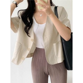 Solid Button Front Pocket Short Sleeve Lapel Blazer