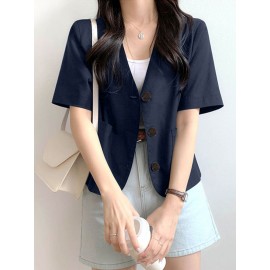 Solid Button Front Pocket Short Sleeve Lapel Blazer