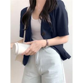 Solid Button Front Pocket Short Sleeve Lapel Blazer