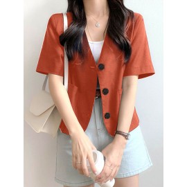 Solid Button Front Pocket Short Sleeve Lapel Blazer