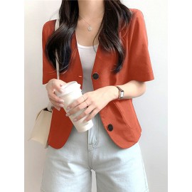 Solid Button Front Pocket Short Sleeve Lapel Blazer