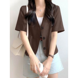 Solid Button Front Pocket Short Sleeve Lapel Blazer
