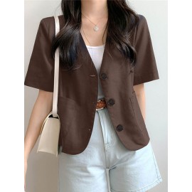 Solid Button Front Pocket Short Sleeve Lapel Blazer