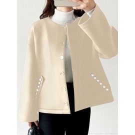 Women Solid Collarless Button Front Casual Long Sleeve Jacket