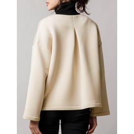 Women Solid Collarless Button Front Casual Long Sleeve Jacket