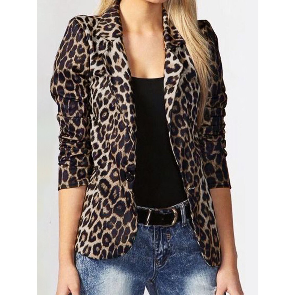 Leopard Print Long Sleeves Button Lapel Jacket Suit with Shoulder Pad Leopard Print Long Sleeves Button Lapel Jacket Suit with Shoulder Pad