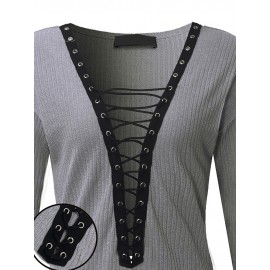 Criss-Cross Long Sleeve V-neck Blouses