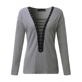 Criss-Cross Long Sleeve V-neck Blouses