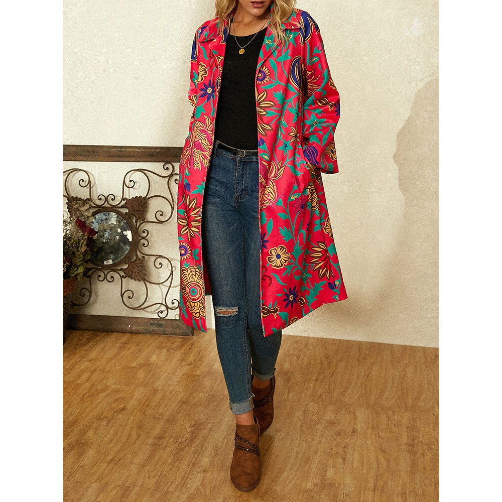 Floral Printed Long Sleeve Turn-down Collar Coat For Women