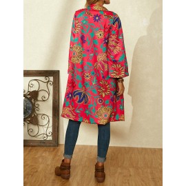Floral Printed Long Sleeve Turn-down Collar Coat For Women