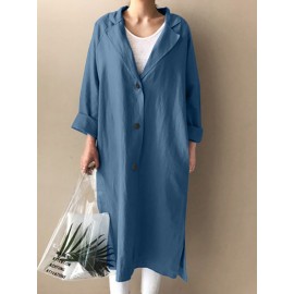 Solid Slit Hem Pocket Long Sleeve Lapel Loose Jacket