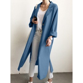 Solid Slit Hem Pocket Long Sleeve Lapel Loose Jacket