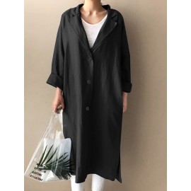 Solid Slit Hem Pocket Long Sleeve Lapel Loose Jacket