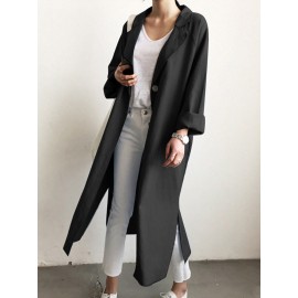 Solid Slit Hem Pocket Long Sleeve Lapel Loose Jacket