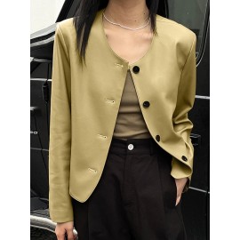 Solid Button Front Long Sleeve Crew Neck Jacket Solid Button Front Long Sleeve Crew Neck Jacket