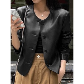 Solid Button Front Long Sleeve Crew Neck Jacket Solid Button Front Long Sleeve Crew Neck Jacket