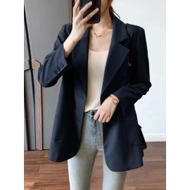 Solid Pocket Button Lapel Long Sleeve Blazer For Women