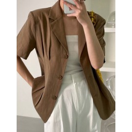 Solid Button Front Lapel Short Sleeve Casual Blazer Solid Button Front Lapel Short Sleeve Casual Blazer