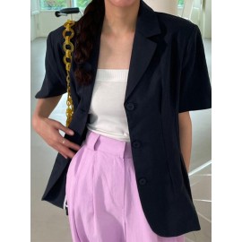 Solid Button Front Lapel Short Sleeve Casual Blazer Solid Button Front Lapel Short Sleeve Casual Blazer