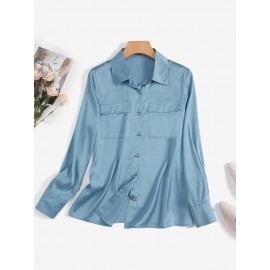 Women Satin Lapel Flap Pocket Solid Long Sleeve Shirt