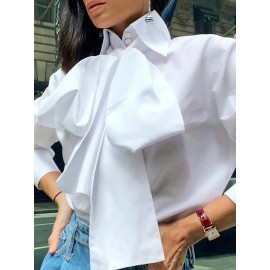 Women Solid Bowknot Button Front Casual Long Sleeve Shirt