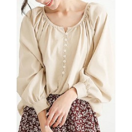 Women Plain Half Button Casual Long Sleeve Blouse