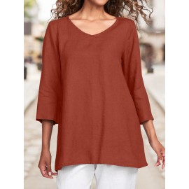 Women Plain Crew Neck Cotton Casual 3/4 Sleeve Blouse