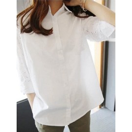 Women Lace Patchwork Lapel Button Front Long Sleeve Shirt