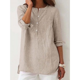 Women Striped Half Button High-LowÂ Hem Cotton Blouse