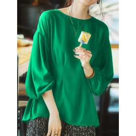 Women Solid Pleated Crew Neck Casual Long Sleeve Blouse