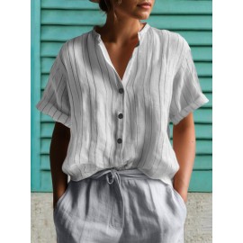 Women Striped Stand Collar Button Front Short Sleeve Shirt