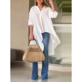 Women Solid Lapel High-LowÂ Hem Long Sleeve Shirt