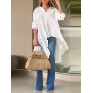 Women Solid Lapel High-Low Hem Long Sleeve Shirt