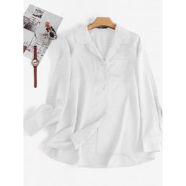 Women Solid Chest Pocket Button Up Long Sleeve Shirt