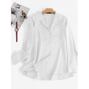Women Solid Chest Pocket Button Up Long Sleeve Shirt