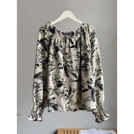 Women Allover Floral Plant Print Off Shoulder Long Sleeve Blouse