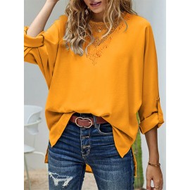 Women Lace Splice High-LowÂ Hem Long Sleeve Blouse