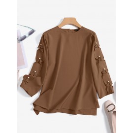 Women Solid Crew Neck Pearls Detail 3/4 Sleeve Blouse