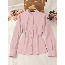 Women Plain Stand Collar Ruffle Trim Long Sleeve Shirt