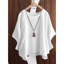 Women Solid Crew Neck Dolman Sleeve Cotton Blouse