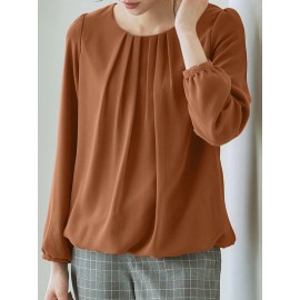 Women Solid Pleated Crew Neck Elastic Hem Long Sleeve Blouse