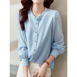 Women Plain Stand Collar Button Up Long Sleeve Shirt