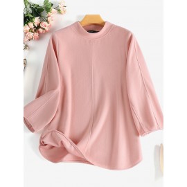 Women Solid Seam Detail Crew Neck Casual 3/4 Sleeve Blouse