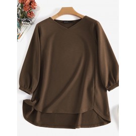 Women Solid V-Neck Knit Casual 3/4 Sleeve Blouse