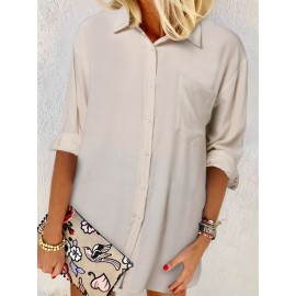 Women Solid Chest Pocket Irregular Hem Long Sleeve Shirt