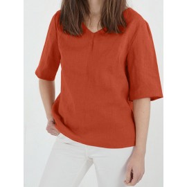 Women Solid V-Neck Cotton Casual Half Sleeve Blouse