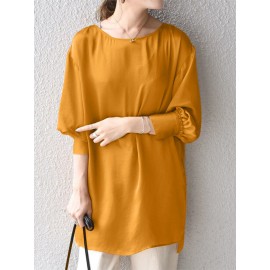 Women Solid Crew Neck High-LowÂ Hem Long Sleeve Blouse