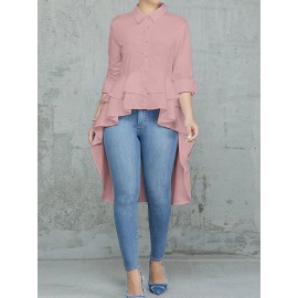 Women Solid Lapel Layered Irregular Hem Long Sleeve Shirt