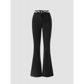 Solid Knotted Hollow-out Flared Pants