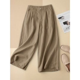 Women Solid Pleated Cotton Casual Pants With Pocket